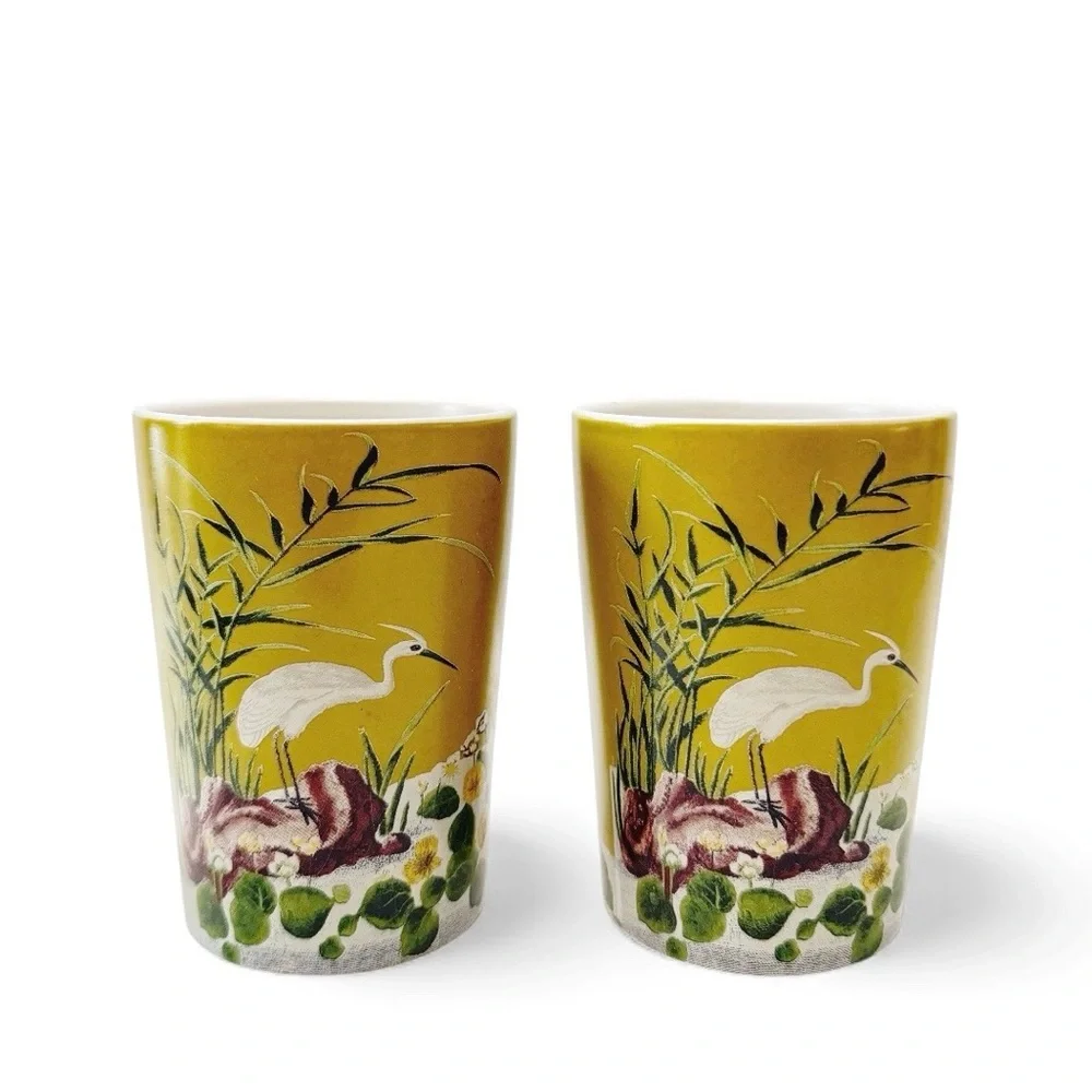 New York Botanical Garden Barreveld Crane Lily Pond Ceramic Planter Vases Pair